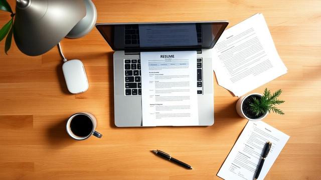 Overhead flat-lay of an open laptop with a printed resume, espresso cup, fountain pen, and small plant on a warm oak desk — Muidex Career ATS optimization case study for a senior fintech product manager.