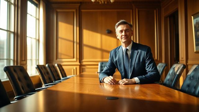 Distinguished CEO candidate in a navy suit seated at a walnut boardroom table with sunlit windows and empty chairs on either side — Muidex Career Fortune 500 board dossier case study.