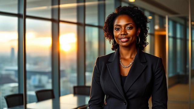 Confident Black woman CFO in a tailored charcoal blazer standing in a glass-walled boardroom at golden hour with a city skyline behind her — Muidex Career CFO resume case study for a global bank.