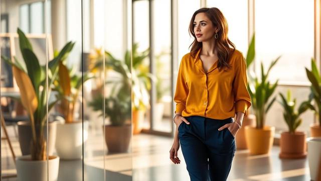 Woman in a mustard-gold blouse and navy trousers walking through a plant-filled marketplace startup office in warm sunlight — Muidex Career consulting-to-tech Director of Operations pivot case study.