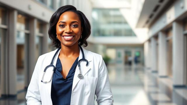 Warm, smiling Black woman Director of Clinical Operations in a white coat with stethoscope, standing in a bright modern hospital atrium — Muidex Career healthcare LinkedIn profile makeover case study.