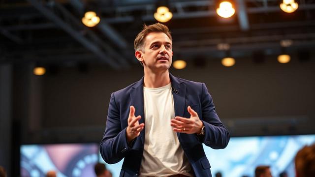 SaaS founder in a navy blazer over a white tee speaking on a conference stage with warm spotlights and blurred audience — Muidex Career executive bio and personal brand case study.