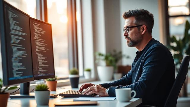 Senior software engineer at a clean home desk with two monitors of soft-focus code, morning light through a window, plants and coffee nearby — Muidex Career senior engineer resume before-and-after case study.