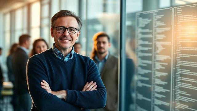 VP of Engineering with arms folded, smiling in front of a bright glass wall showing a blurred software architecture diagram, engineers meeting in the background — Muidex Career enterprise SaaS resume rewrite case study.